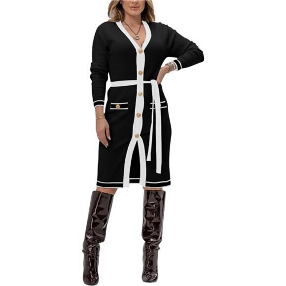 Black Sexy Button Down Midi Sweater Dress V-Neck Colorblock Knit Sweater‎ Dress - Picture 6 of 6